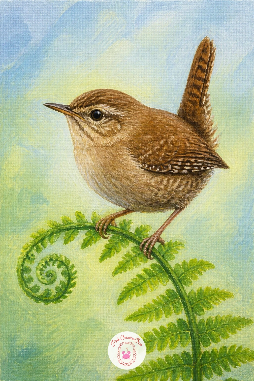 Wren On A Fern — Scale right down with a wren balanced on a curling fern frond, a tiny bird that suits a tiny, delicate composition. Owl painting