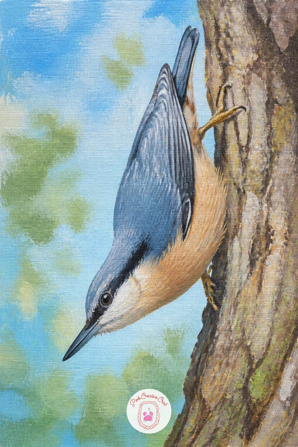 Nuthatch Upside Down On A Tree — Try a nuthatch next, the one bird on this list painted hanging upside down on a tree trunk, which is exactly how it is usually