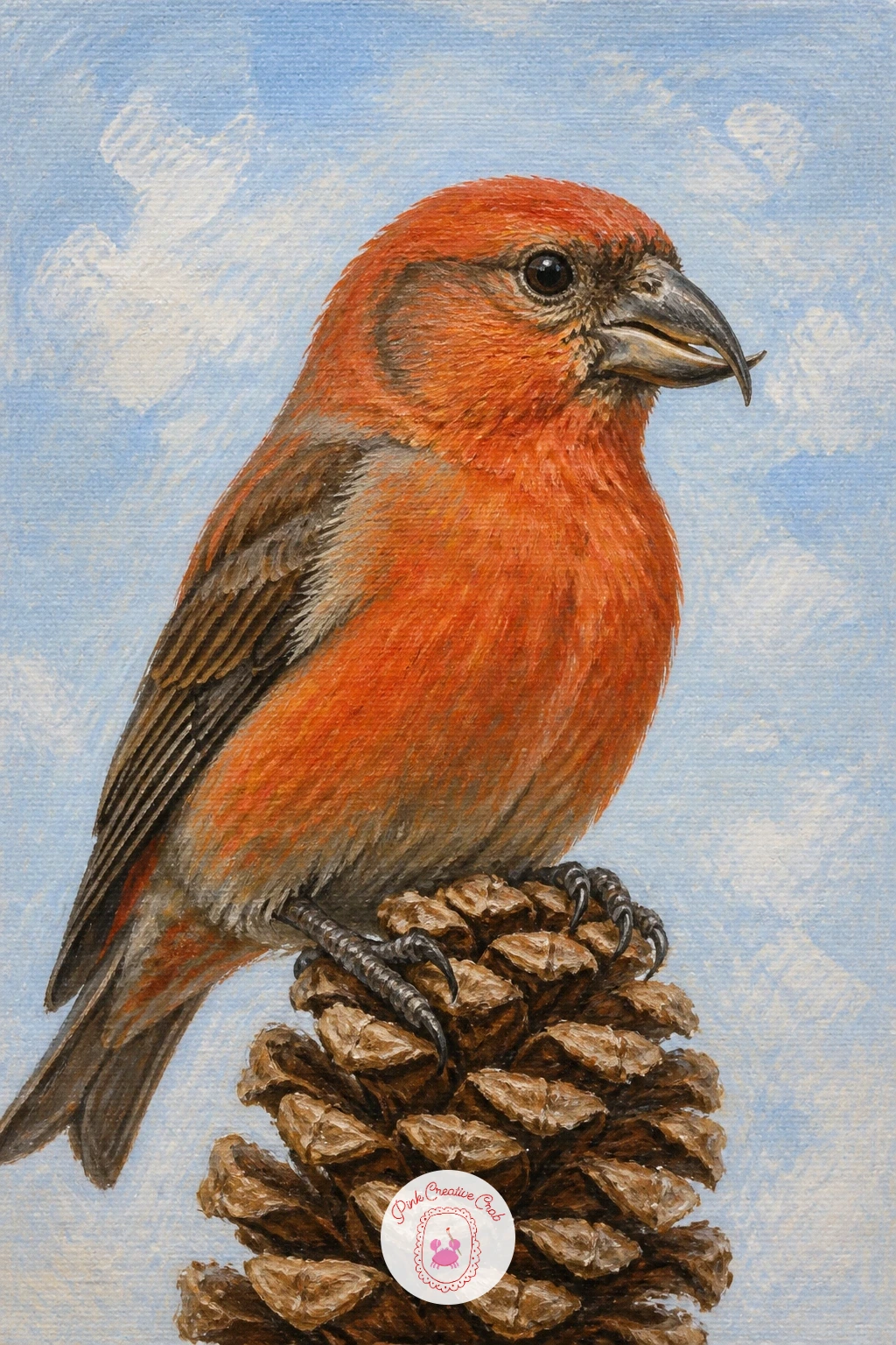 Crossbill On A Pine Cone — Bring a crossbill in next, a bird whose crossed beak tip is worth taking slowly since it is the detail that makes the whole painting