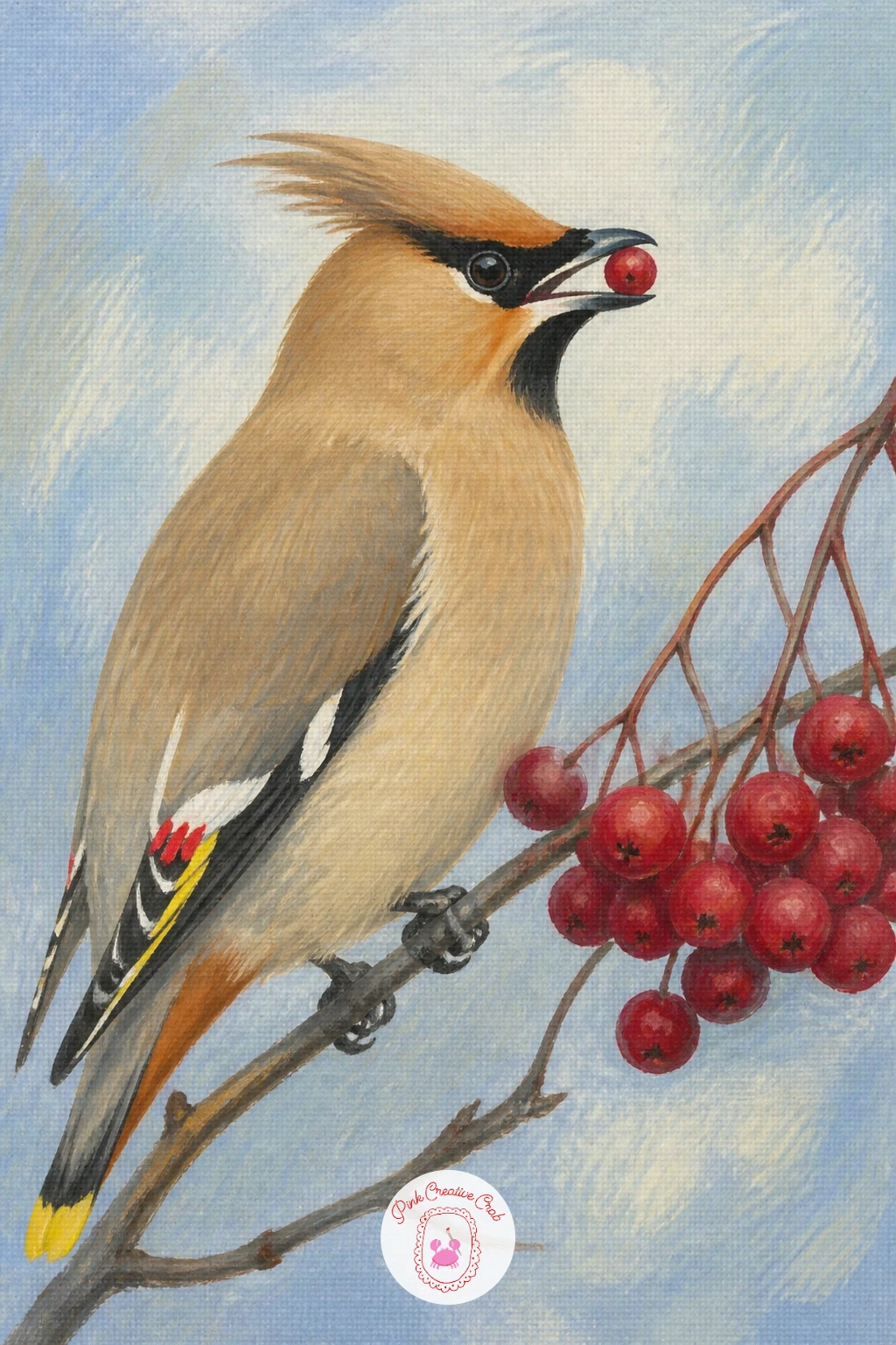 Waxwing Eating Berries — Let a waxwing bring in a splash of red and yellow next, perched with a cluster of bright berries nearby. Owl painting