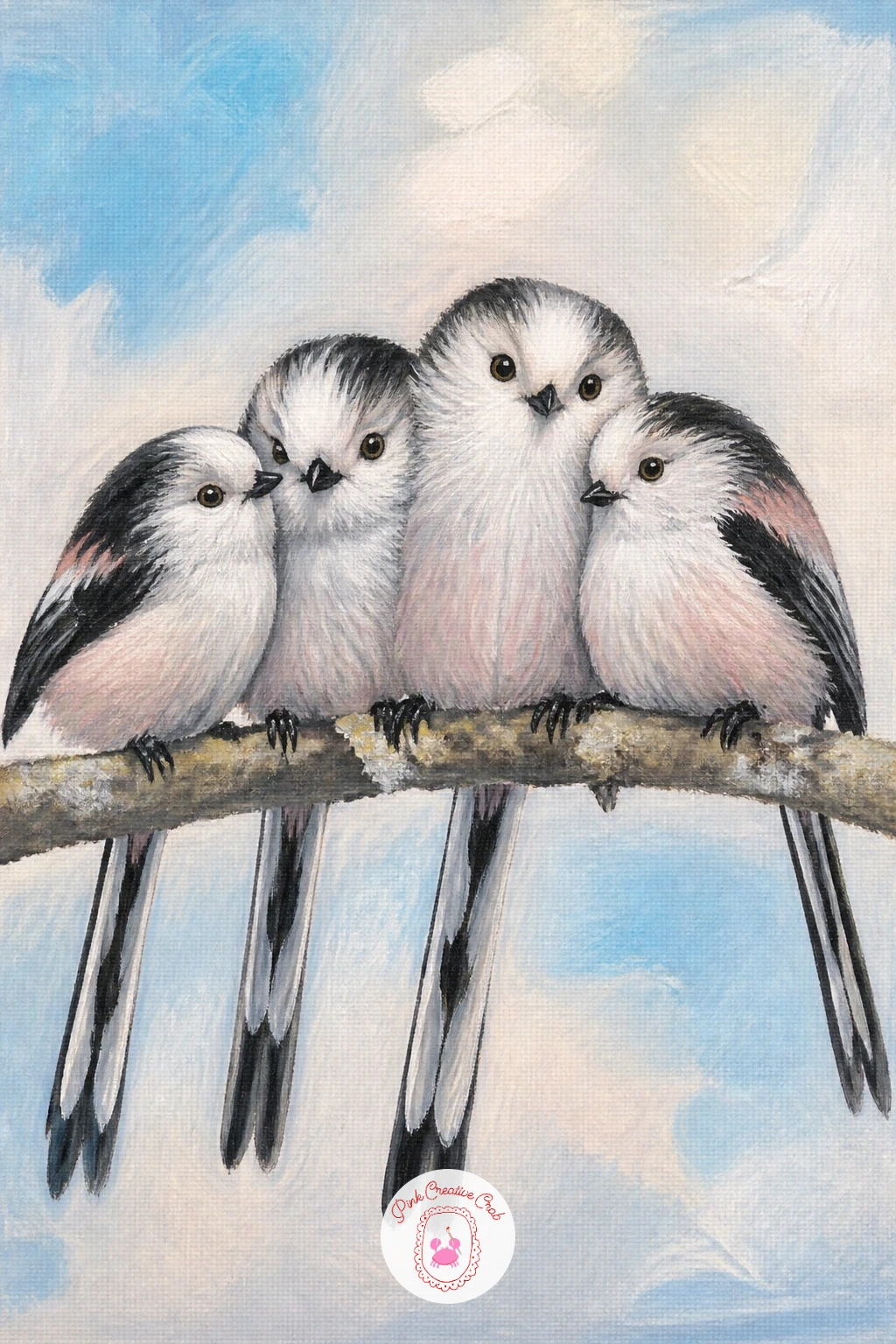 Family Of Long-Tailed Tits Huddled Together — Paint a whole little family of long-tailed tits huddled together on one branch, a sweet, busy composition after