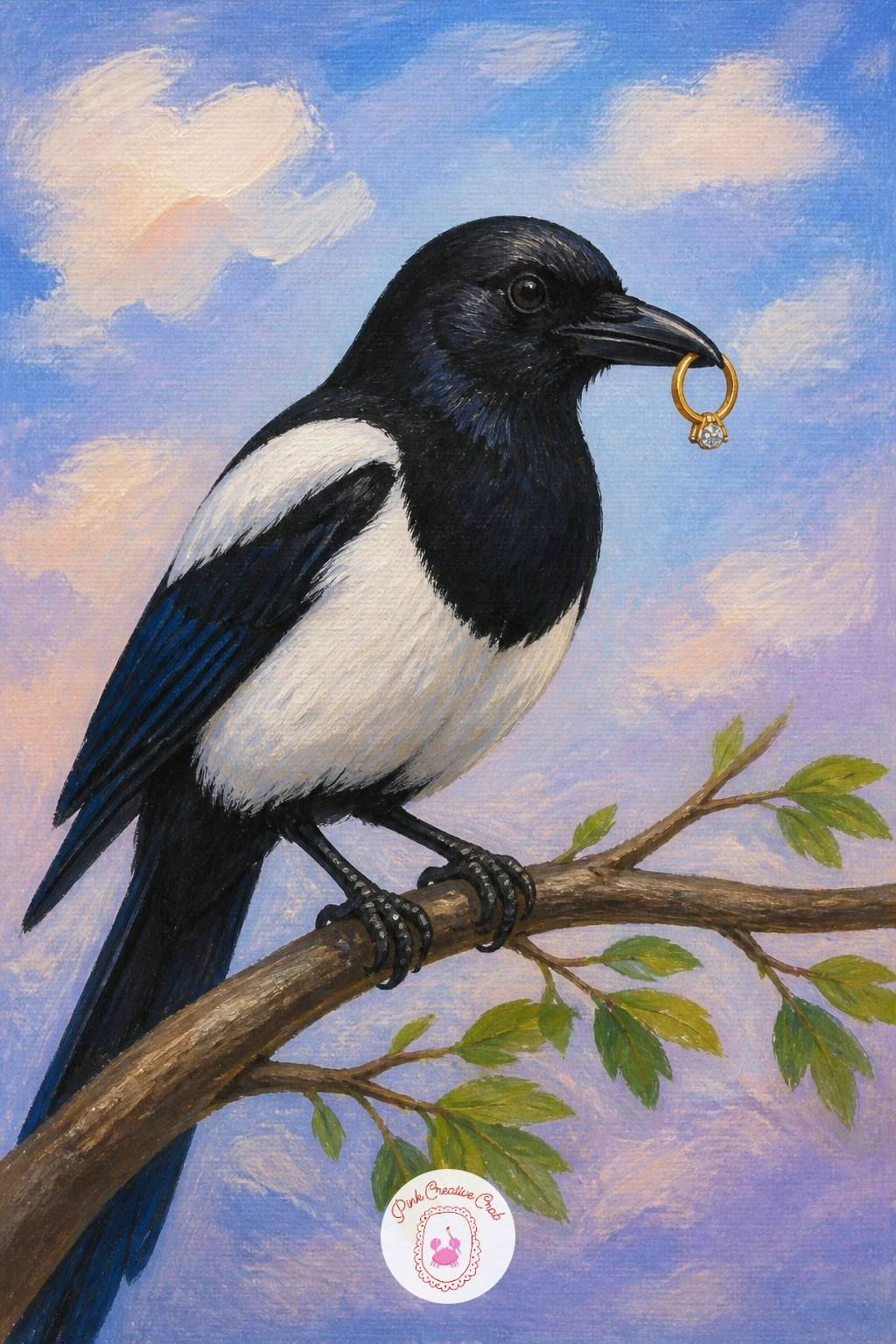 Magpie Stealing A Ring — Close the whole list with a magpie caught stealing a ring, a cheeky, storybook ending full of personality. Owl painting