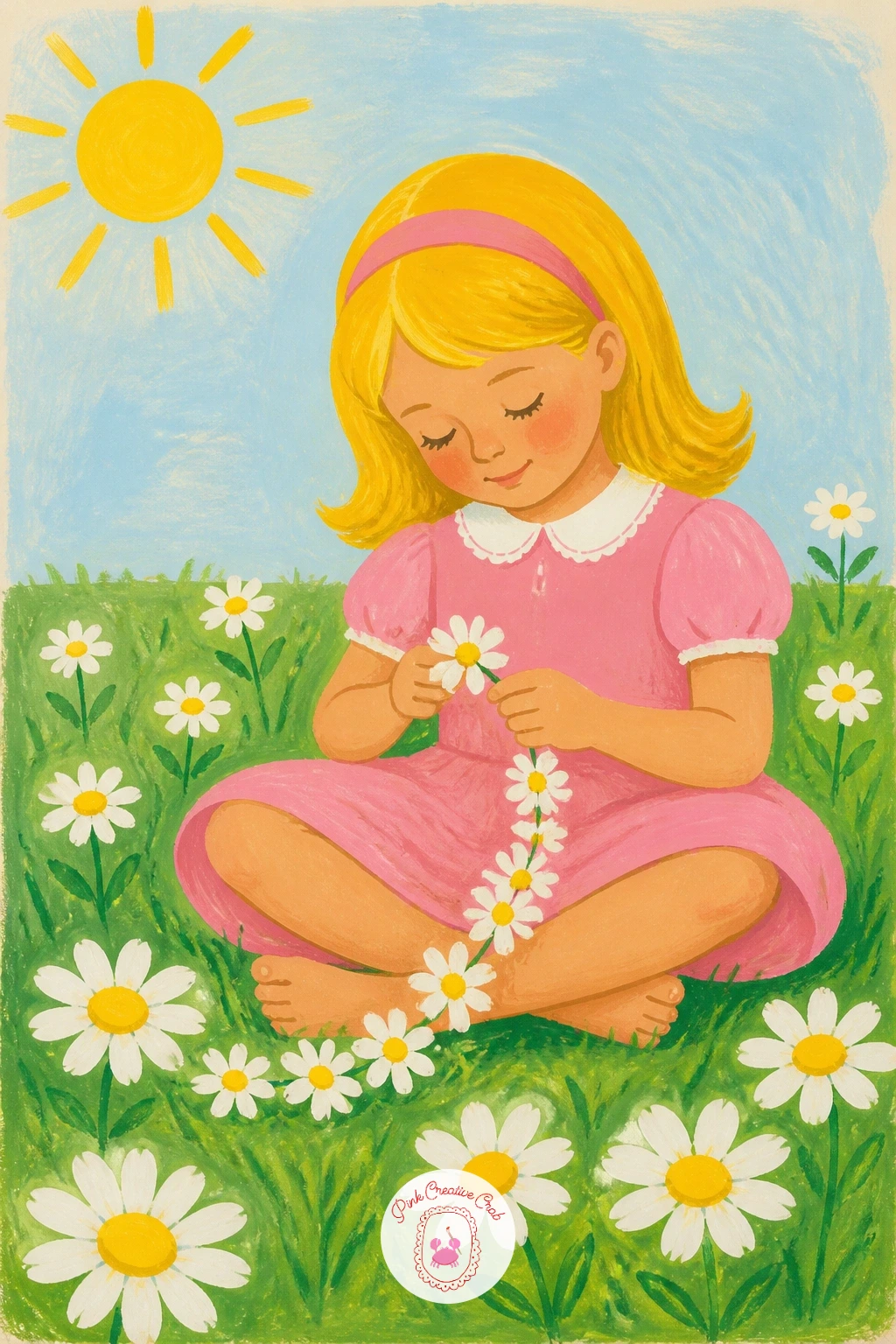 Girl Making a Daisy Chain — Start with the easiest scene in this whole list: a girl sitting cross-legged on the lawn, threading daisies into a chain. Daisy