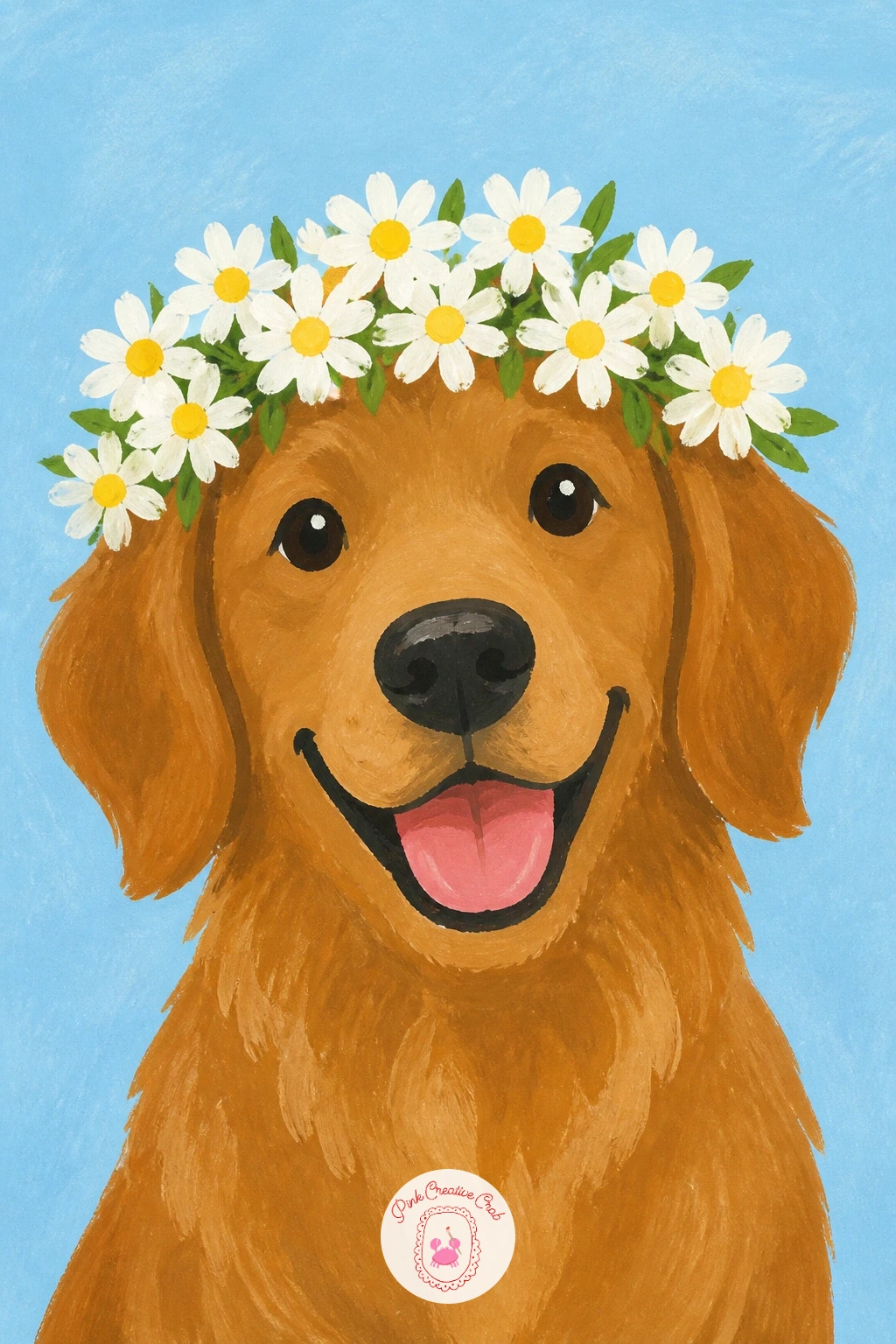 Dog Wearing a Daisy Crown — Move from a girl to her dog, now crowned in daisies for the sunniest portrait in the bunch. Daisy painting