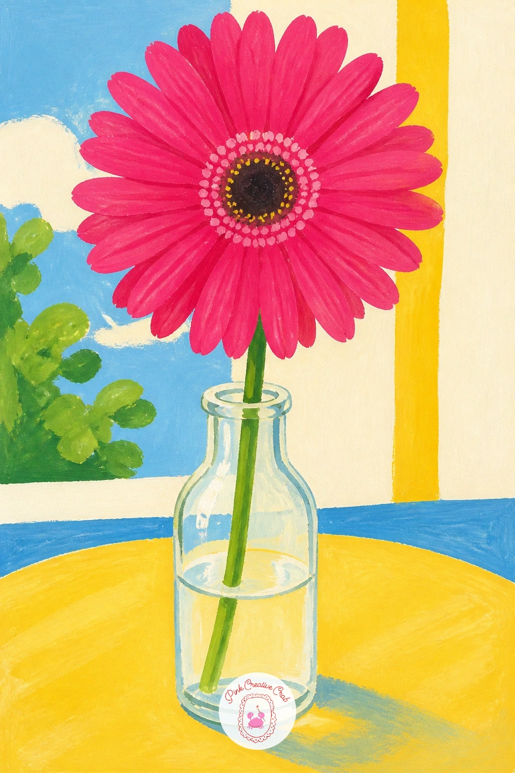 Gerbera in a Glass Bottle — After two character pieces, slow down with a quieter still life: one gerbera standing in a glass bottle on a cafe table. Daisy