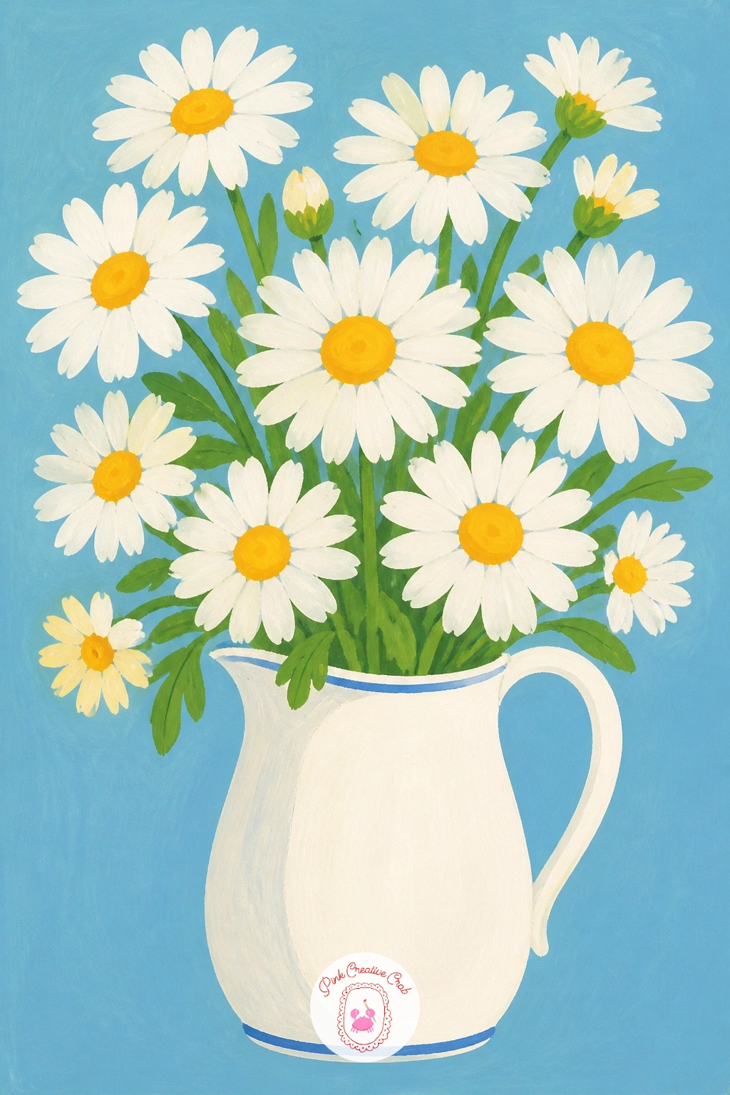Jug of Shasta Daisies — Carry that still-life confidence into a fuller bouquet: a jug of shasta daisies on a kitchen table. Daisy painting