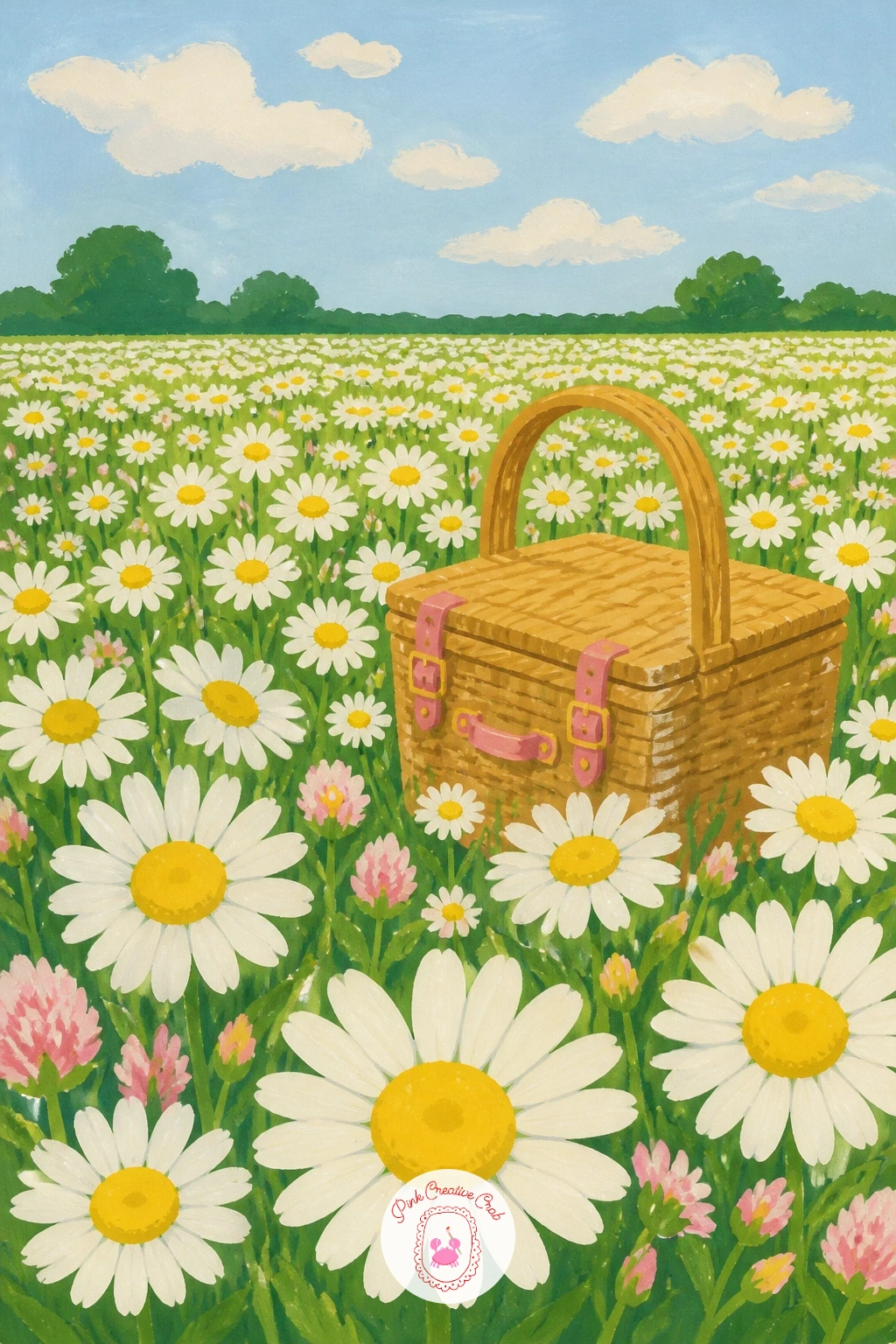 Field of Oxeye Daisies With Picnic Hamper — Widen the scene now into a small landscape: a field of oxeye daisies spreading out around a picnic hamper. Daisy