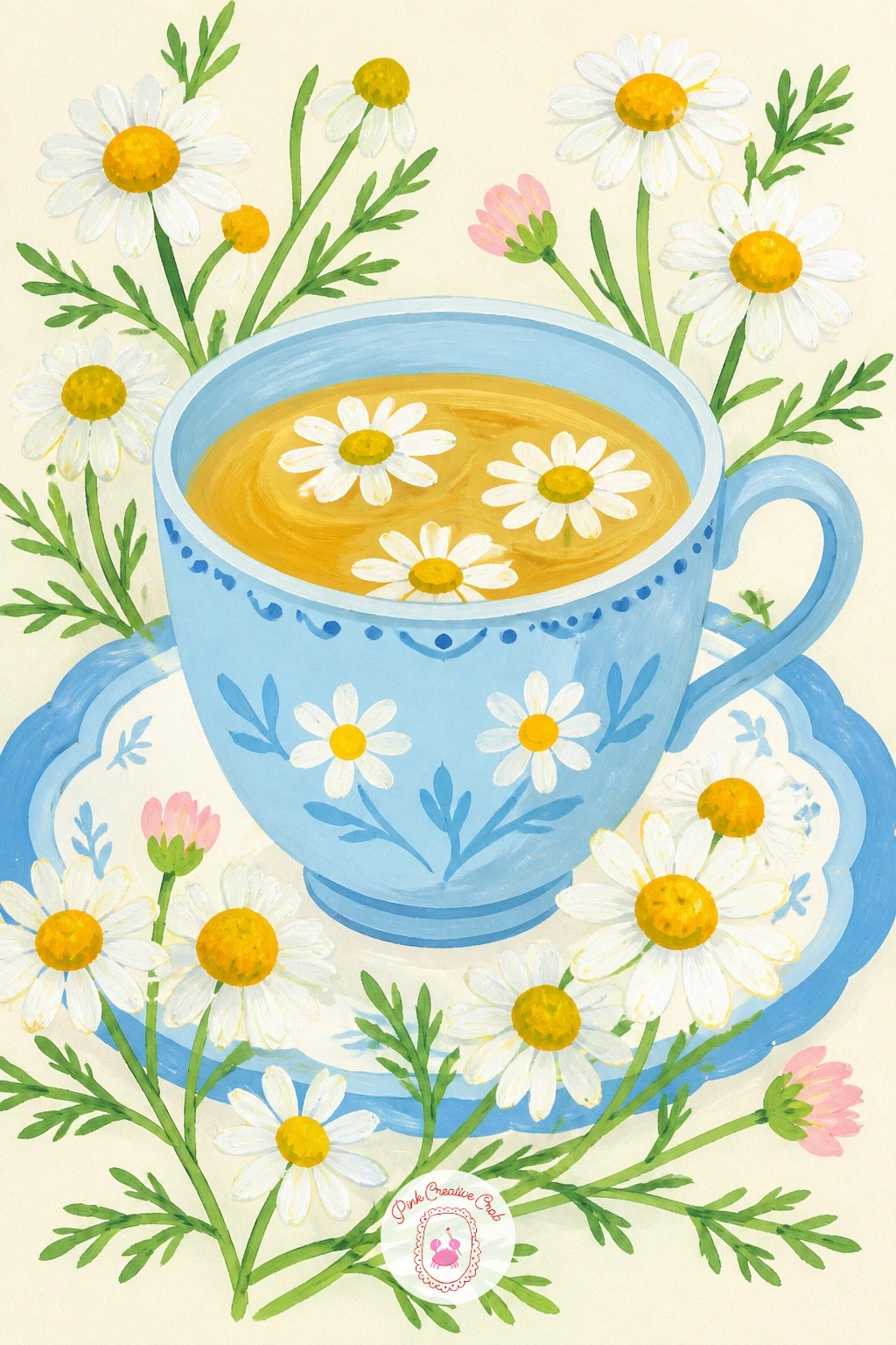 Chamomile Tea With Fresh Flowers — Bring the daisy family indoors with a cosy still life of chamomile tea beside fresh chamomile flowers. Daisy painting