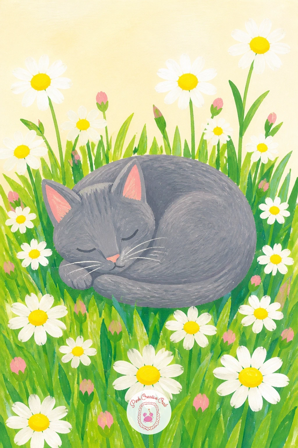 Lawn Daisies Around a Sleeping Cat — Settle into something quieter next: a cat curled asleep in a patch of lawn daisies. Daisy painting