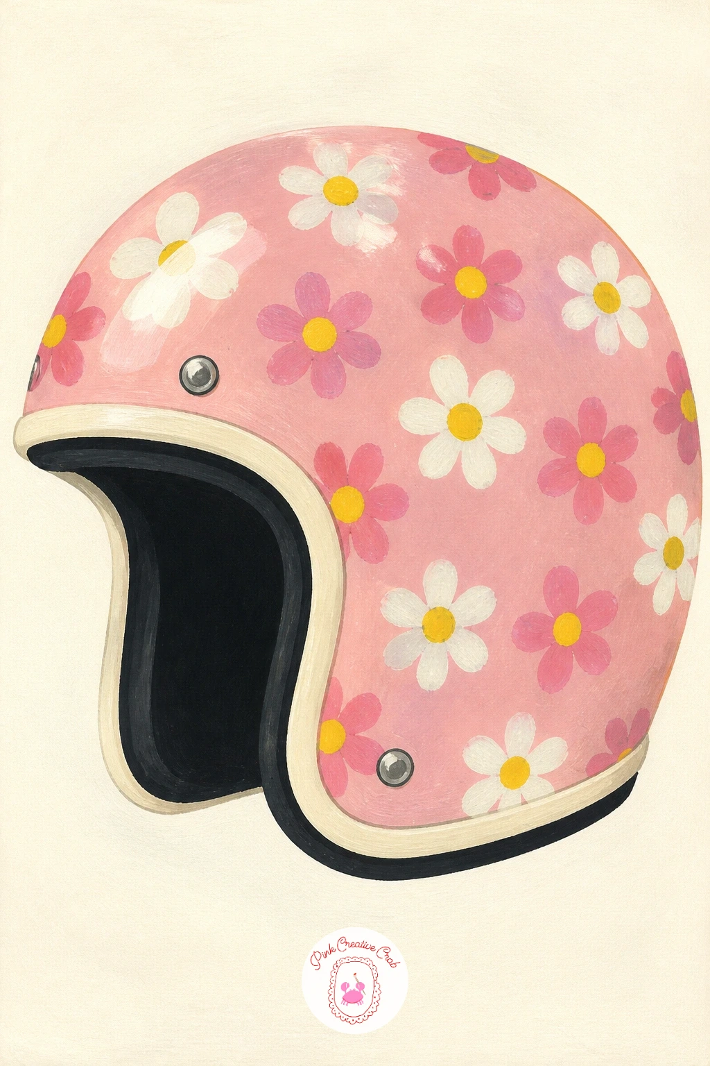 1960s Daisy-Print Scooter Helmet — Lean fully into the retro mood with a rounded scooter helmet covered in a daisy print. Daisy painting