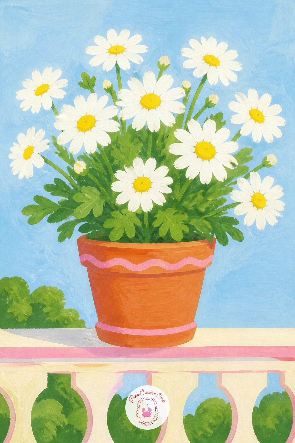 Pot of Marguerites on a Balcony — Head outdoors again for a pot of marguerites standing on a balcony railing. Daisy painting
