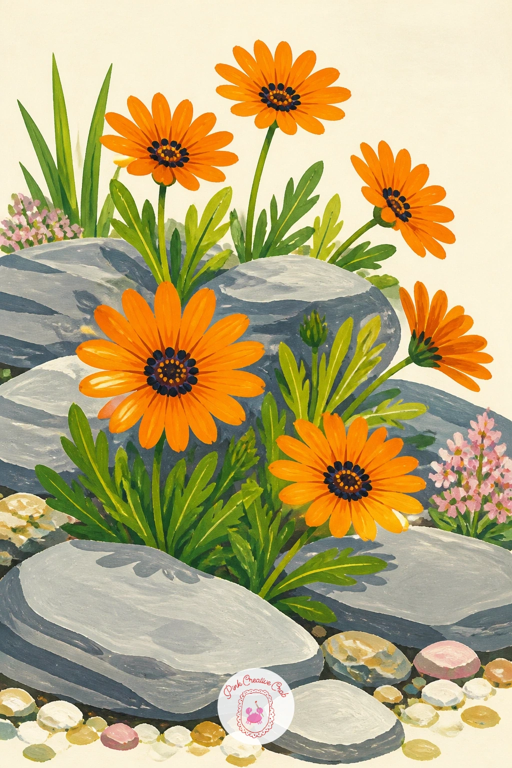 African Daisies in a Rock Garden — Try a slightly different flower shape next with African daisies settled among a small rock garden. Daisy painting