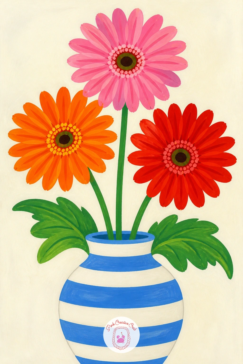 Gerberas in a Striped Vase — Return to gerberas with a bolder still life: a cluster of them standing tall in a striped vase. Daisy painting