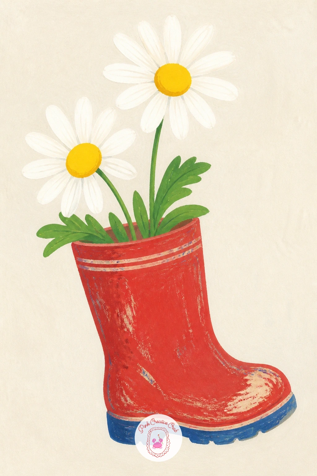 Daisies Growing in a Rain Boot — Switch to something playful: a pair of daisies sprouting straight out of an old rain boot. Daisy painting