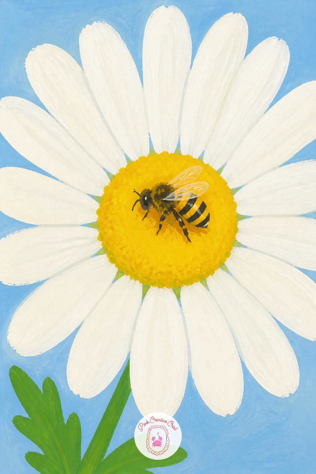 A Bee on a Daisy — Zoom right in for a close-up study: a single bee resting on a large daisy flower. Daisy painting