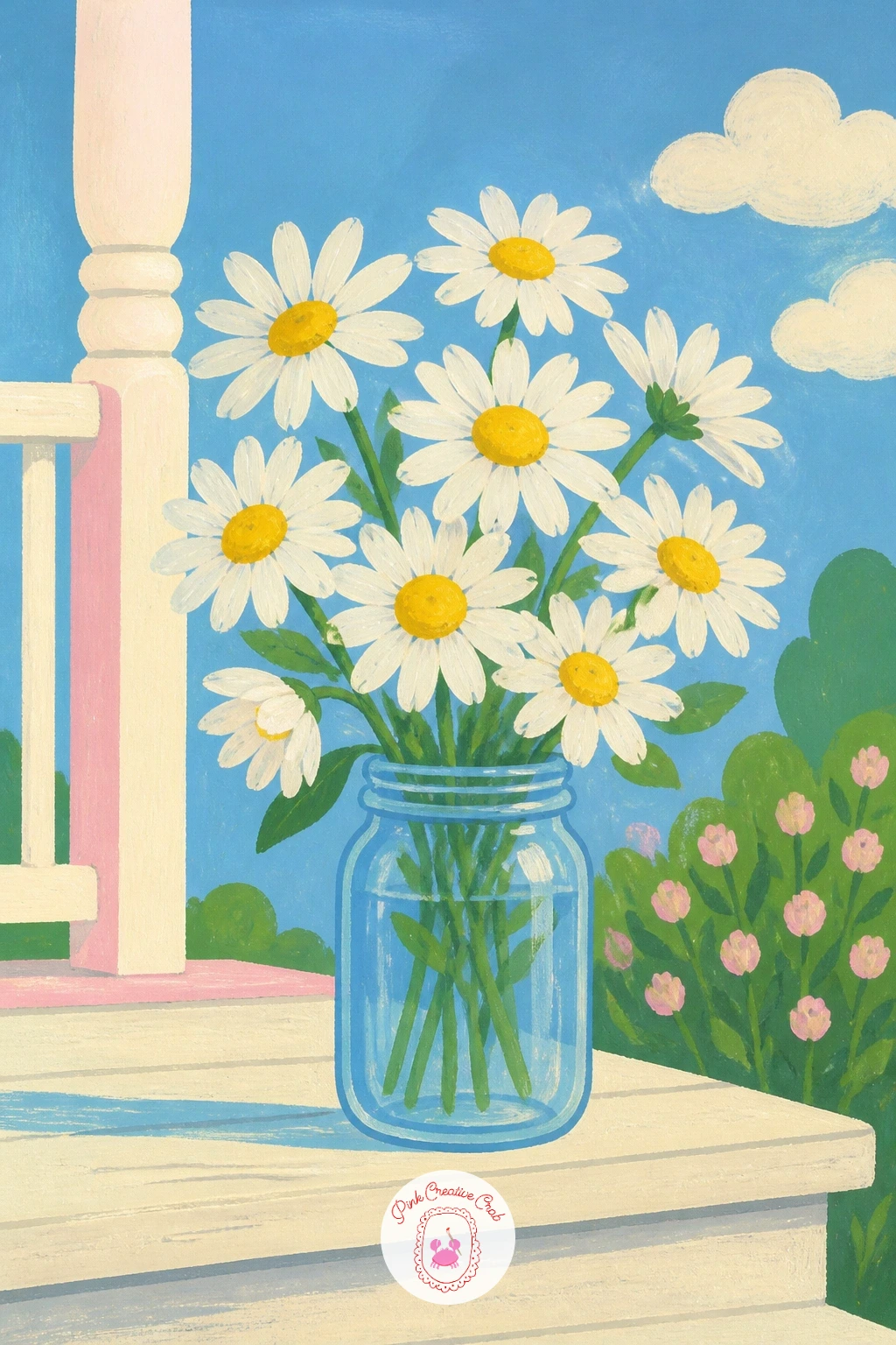 Daisies in a Mason Jar on a Porch — Settle into a cosy scene next: a mason jar of daisies standing on a porch step. Daisy painting