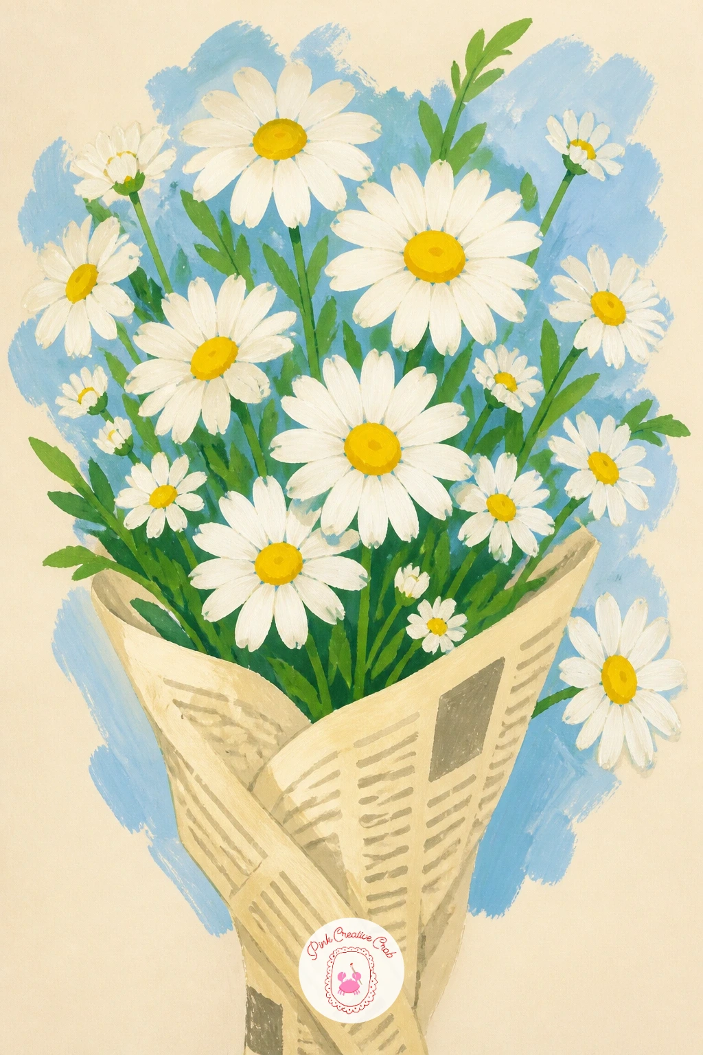 Daisy Bouquet Wrapped in Newspaper — Paint a more casual gift next: a loose daisy bouquet wrapped in newspaper. Daisy painting