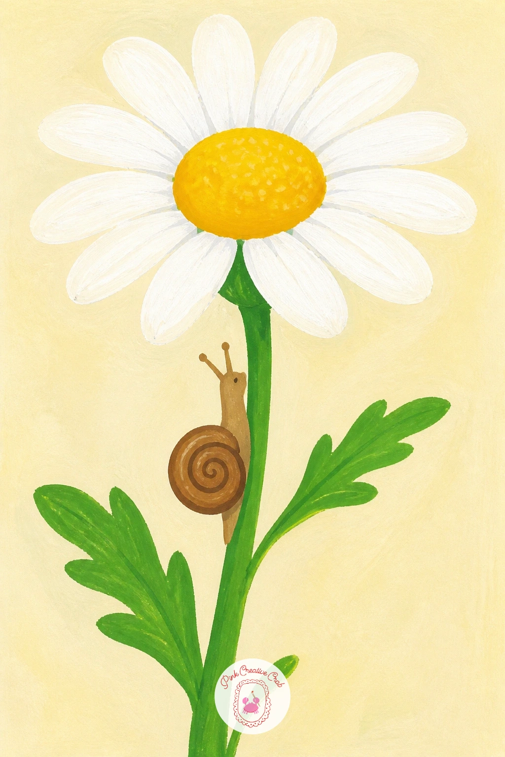 A Snail Climbing a Daisy Stem — Zoom in again for a tiny, slow story: a snail making its way up a daisy stem. Daisy painting