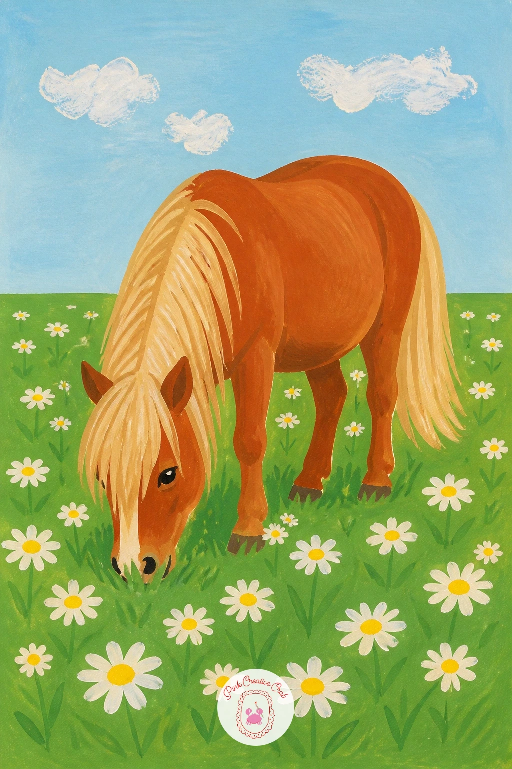 A Pony Grazing Among Daisies — Scale back up for a bigger animal subject: a pony grazing quietly in a meadow of daisies. Daisy painting
