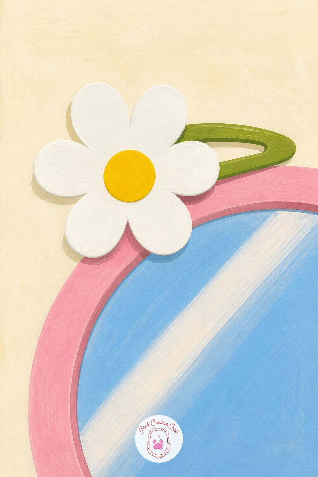 A Daisy Hair Clip on a Mirror — Slow down for a tiny, personal object: a daisy-shaped hair clip resting against the edge of a mirror. Daisy painting