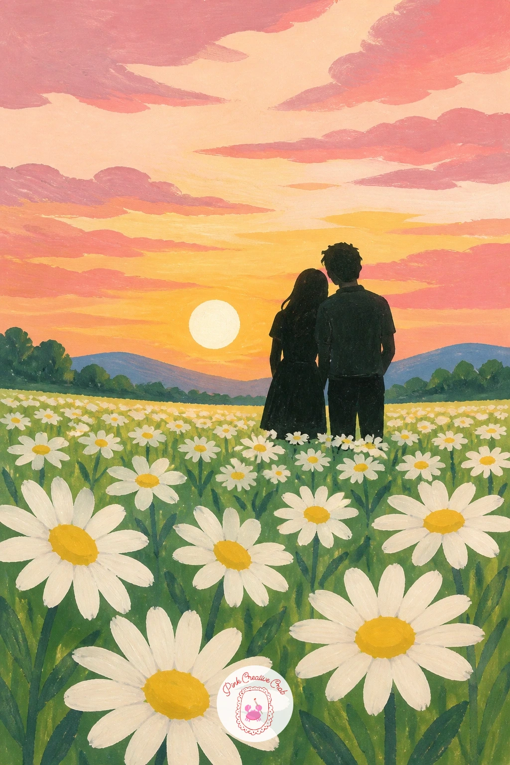 A Couple in a Daisy Field at Sunset — Build toward the most atmospheric scene on this list: a couple standing together in a daisy field at sunset. Daisy