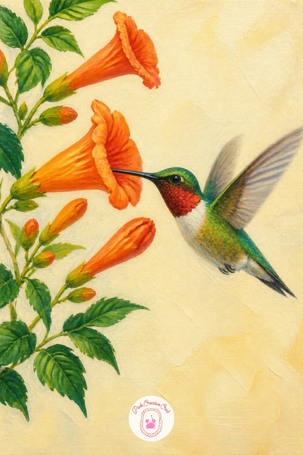 Hummingbird at a Trumpet Vine — Start with the flower, not the bird: block in two or three orange trumpet vine blooms with a flat brush loaded with cadmium