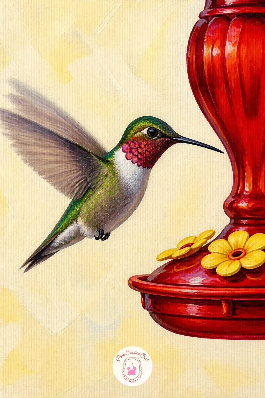 Hummingbird at a Red Feeder — A red feeder gives you a strong graphic shape to balance the softness of a hovering bird, so block it in first as a simple glass