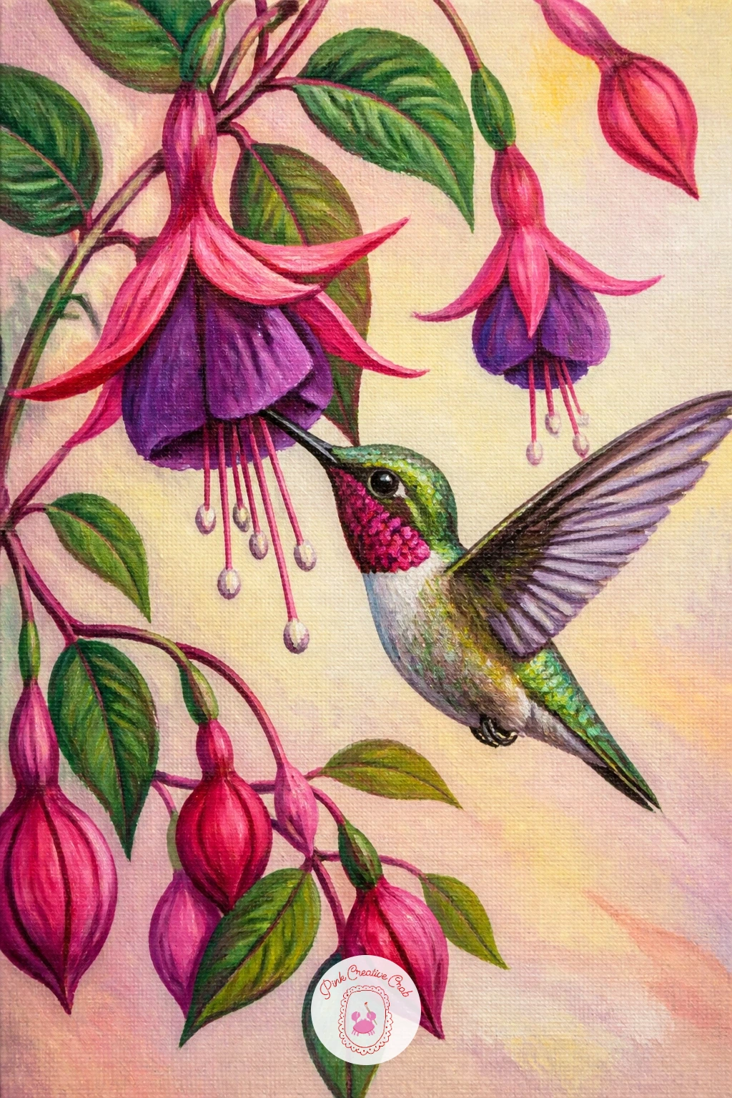 Hummingbird Among Fuchsias — Fuchsias give you two colors in one bloom, so paint each flower as a little dancer: a magenta skirt of petals hanging below a