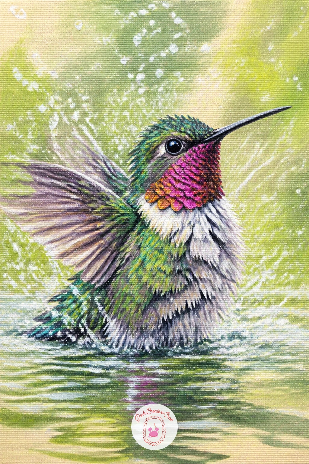 Hummingbird Bathing in Sprinkler Mist — Capture the moment with droplets rather than streaks: paint the hummingbird first, wings slightly spread and feathers a