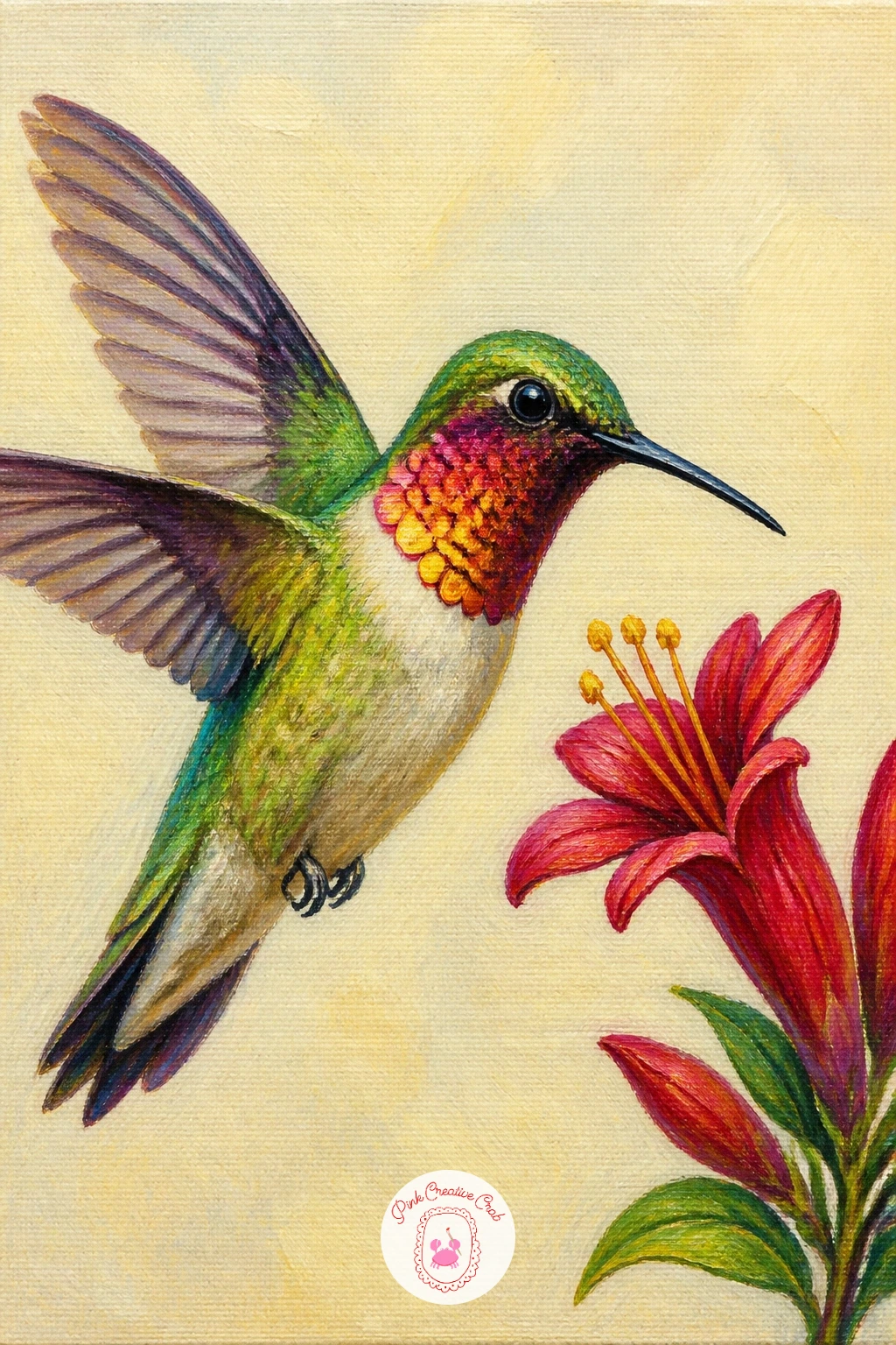 Hummingbird With a Glowing Iridescent Throat — This is the ten-minute painting that becomes a forty-minute one the moment you decide to chase the throat