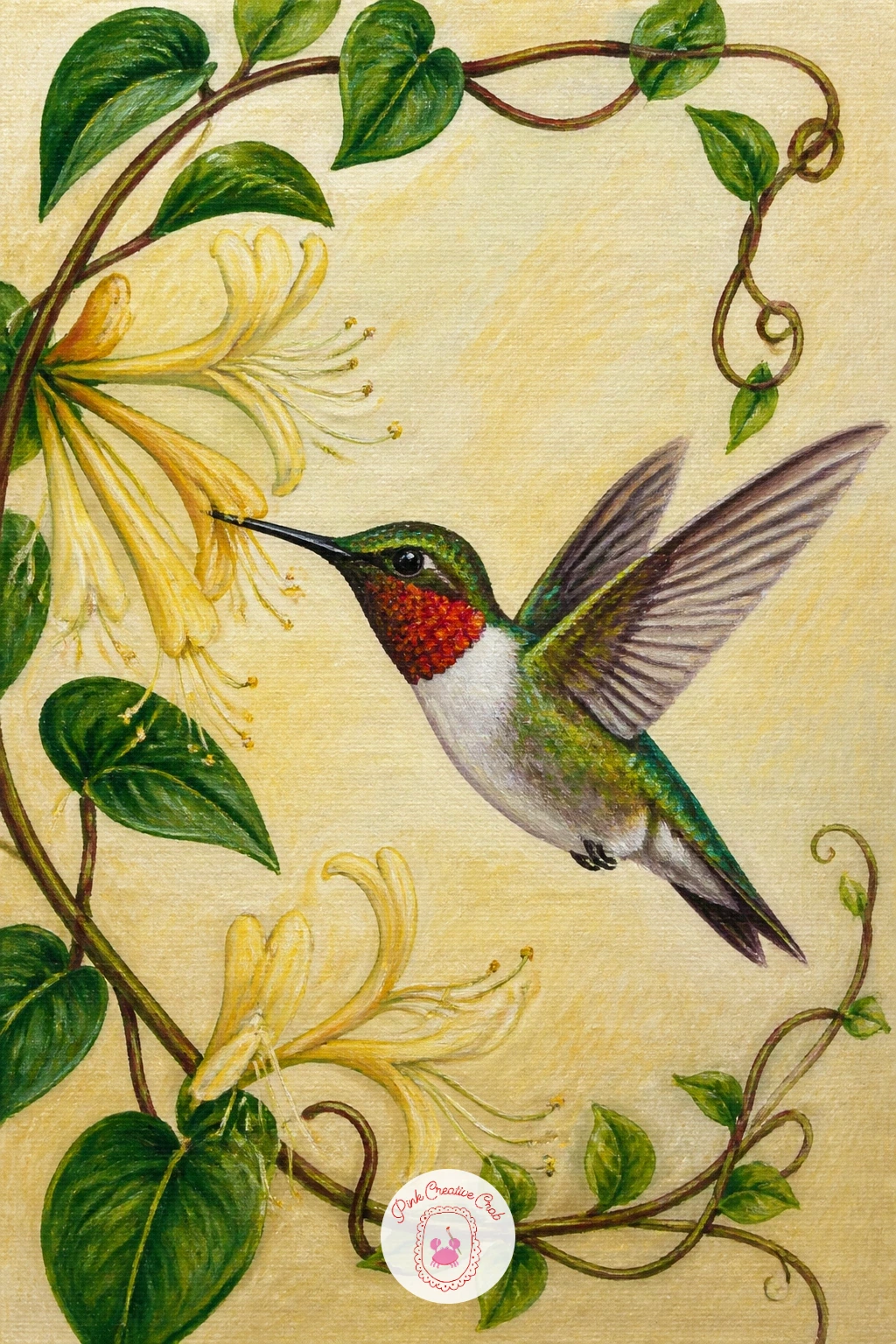 Ruby-Throated Hummingbird at Honeysuckle — Honeysuckle flowers twist and trumpet in pairs, so paint them as little pinwheels: two or three pale yellow tubes