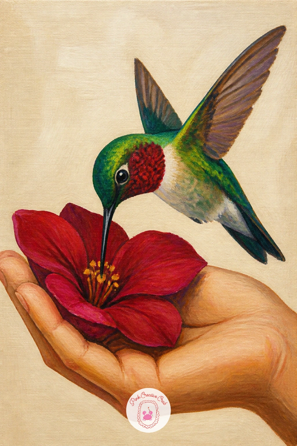 Hummingbird Drinking From a Flower in a Hand — Adding a hand to the composition raises the difficulty, so simplify it: paint the hand as a soft, gently cupped