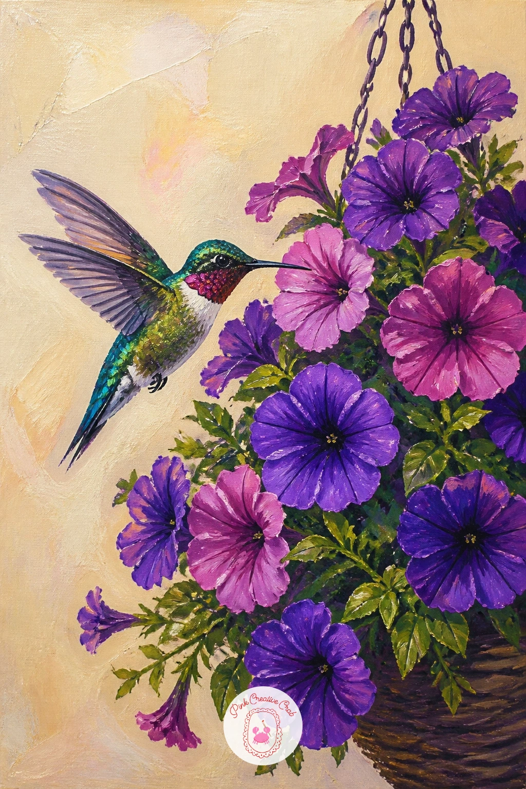Hummingbird at a Hanging Basket of Petunias — A hanging basket gives you a built-in frame of overflowing color, so paint the basket shape first as a simple
