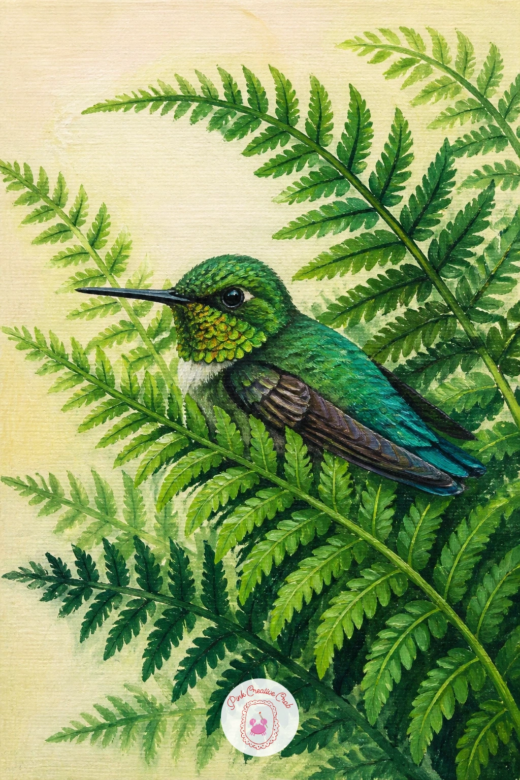 Hummingbird Resting in a Fern — Ferns are made of repeating shapes, which makes them oddly relaxing to paint once you settle into the rhythm: start with one