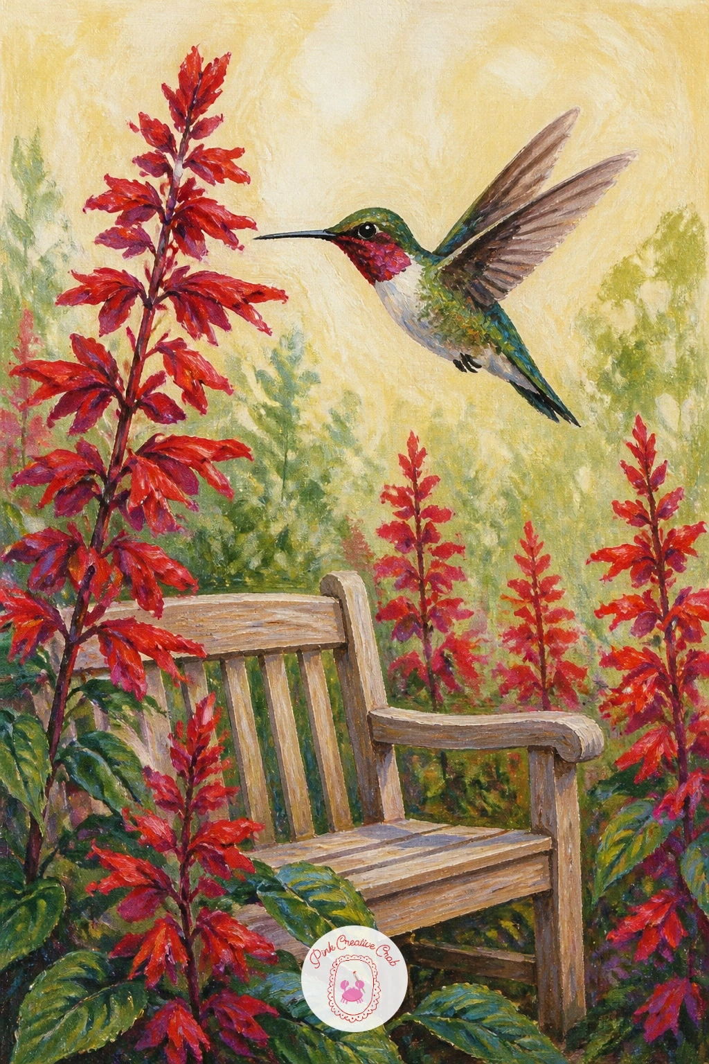 Hummingbird Garden With a Bench and Salvia — This is the most involved hummingbird scene on the list, so give yourself the full forty minutes and build it in