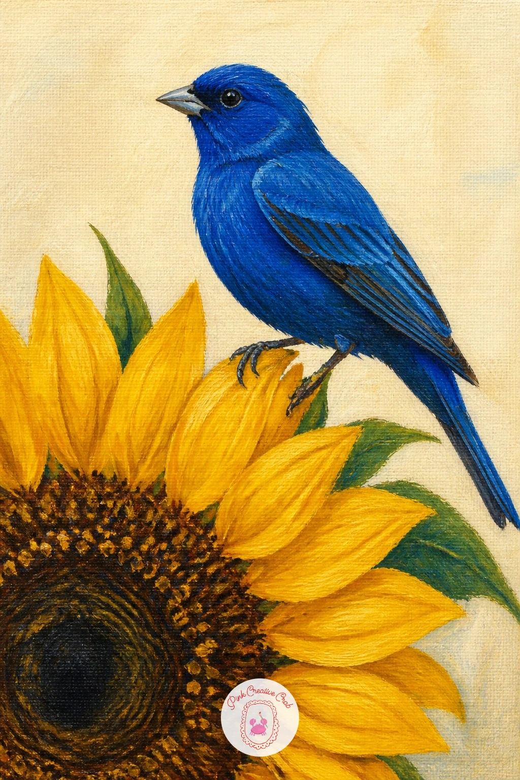 Indigo Bunting on a Sunflower — A sunflower head gives you a strong round anchor for this small blue bird, so paint the flower first: a dark brown center built
