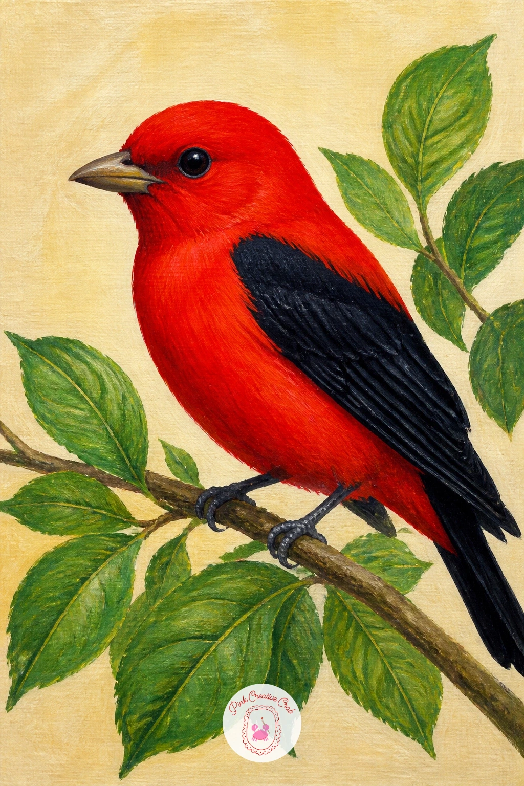 Scarlet Tanager — Few birds offer a color contrast as satisfying as the scarlet tanager, whose body is pure red against wings and tail of near-black, so treat
