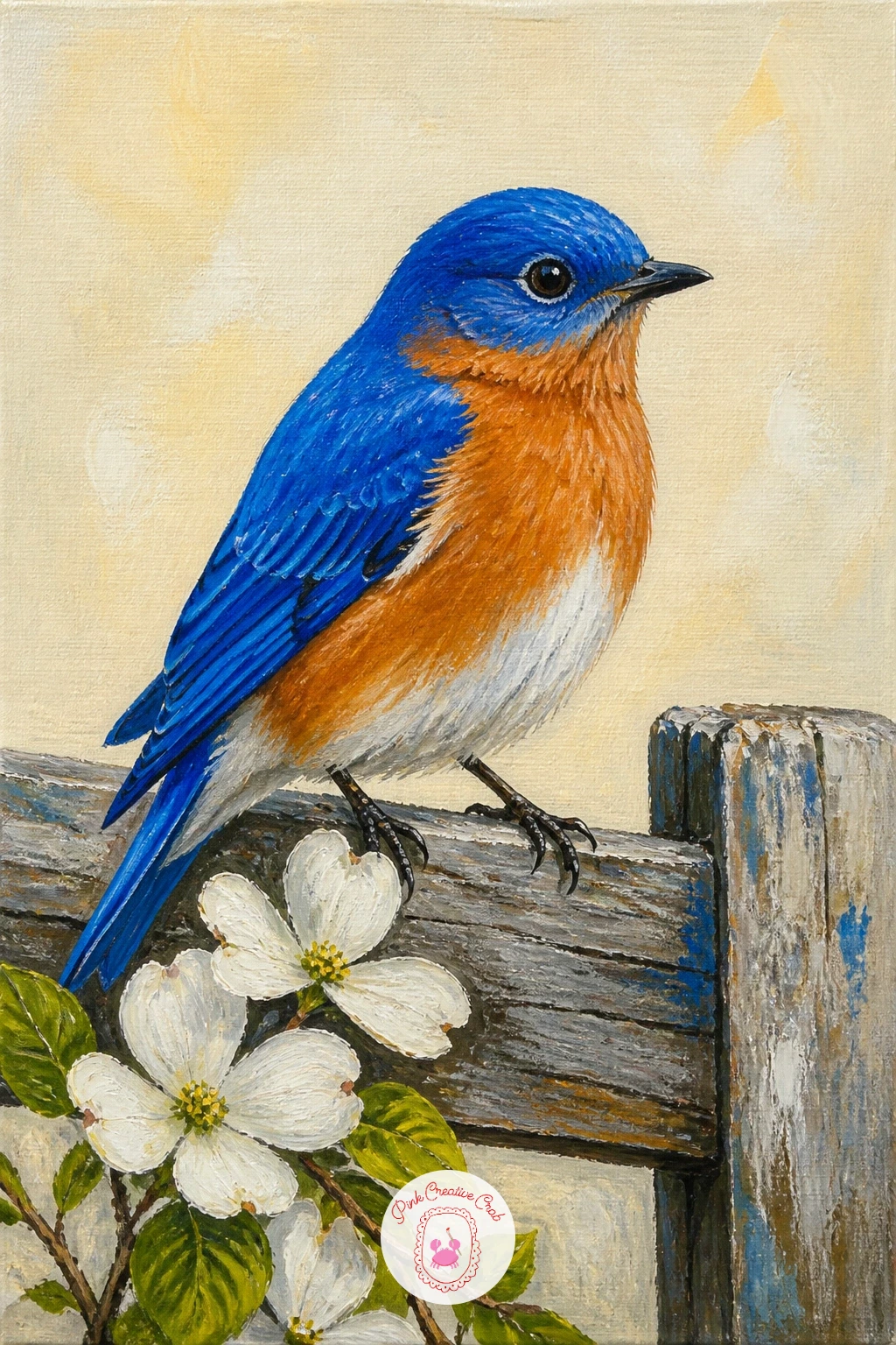 Bluebird on a Fence — A weathered fence rail is a simple, friendly setting for this one, so paint it first as two or three horizontal planks in soft