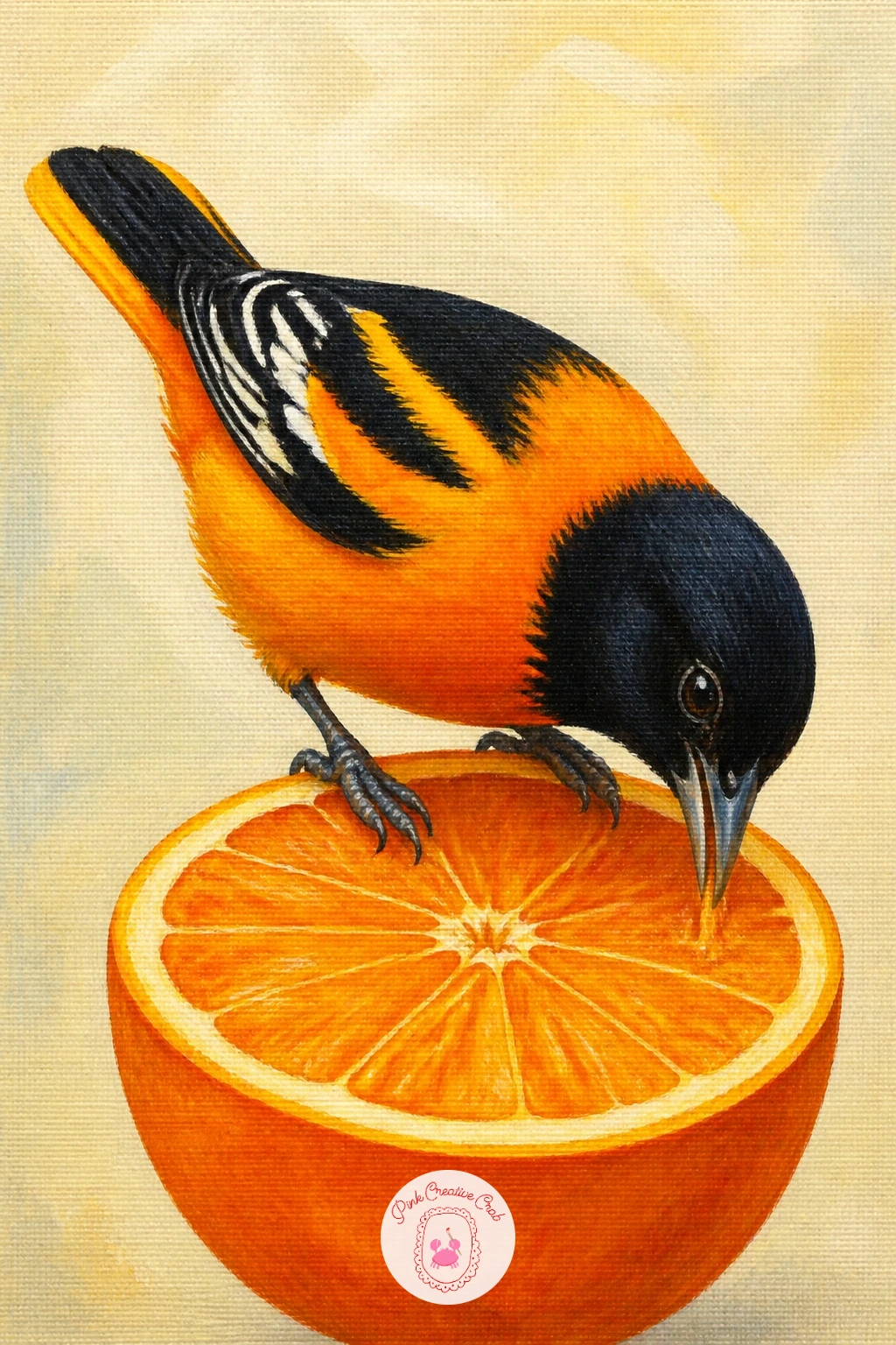 Oriole Eating an Orange Half — An orange half cut open gives you a strong warm shape to pair with the oriole's own fiery color, so start with the fruit: a