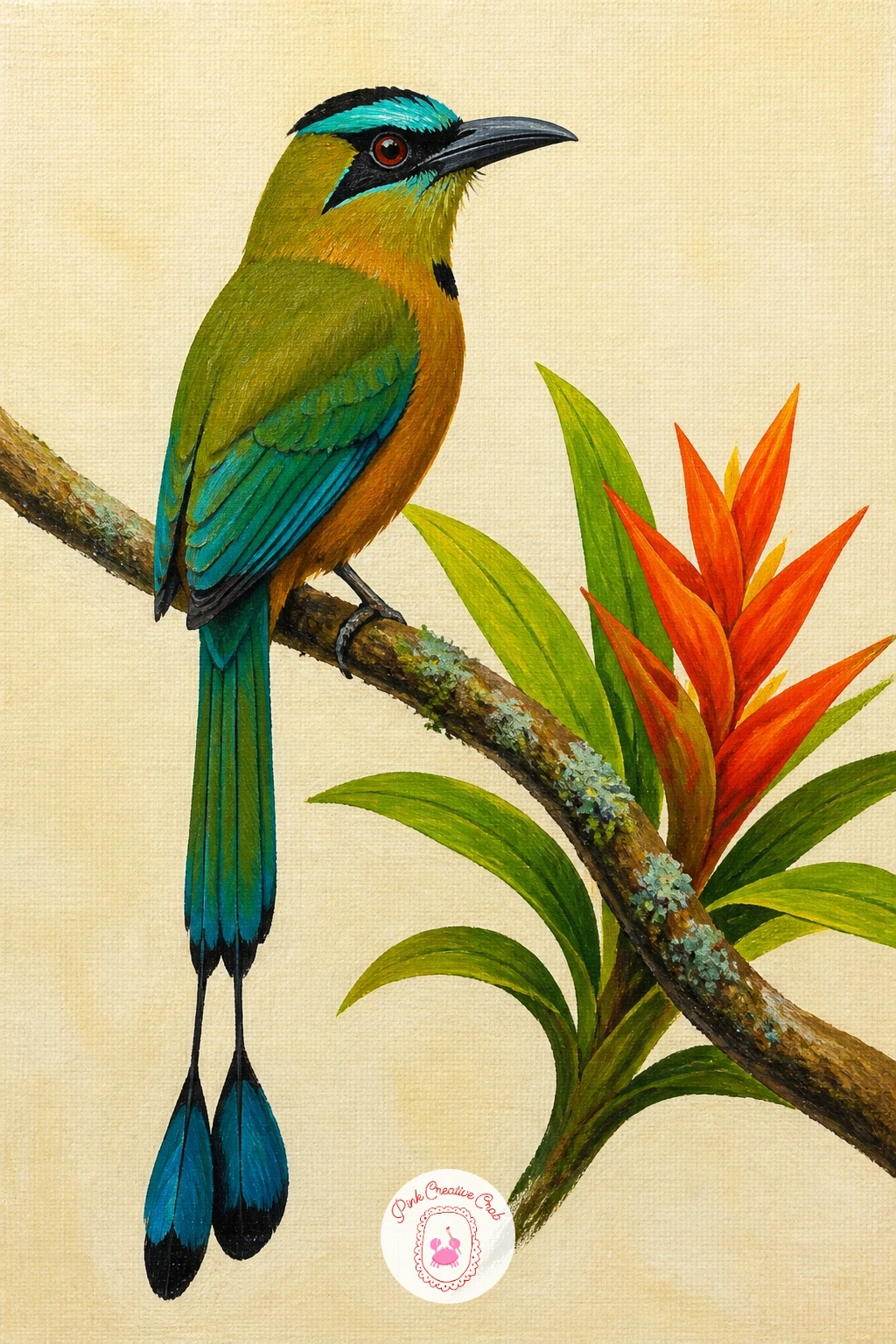 Turquoise-Browed Motmot — This bird's long tail with its bare shaft and paddle tip is the whole reason to paint it, so plan your composition around that tail