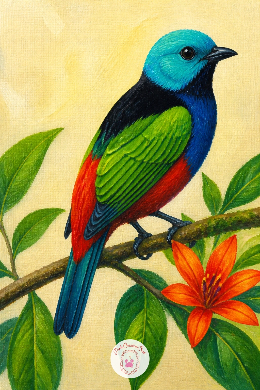 Paradise Tanager — The paradise tanager is almost too colorful to believe, turquoise head, red lower back, green and black wings, so resist the urge to soften
