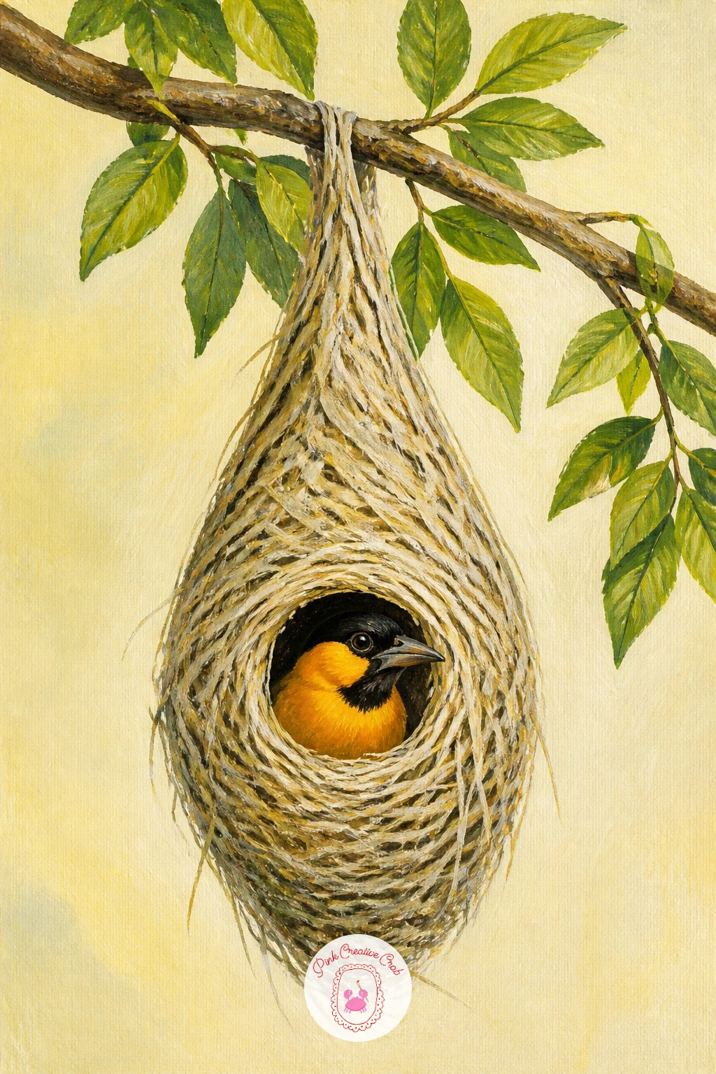 Bullock's Oriole Nest Hanging From a Branch — This nest hangs like a woven pouch rather than sitting in a cup, so build it with long vertical strokes of warm