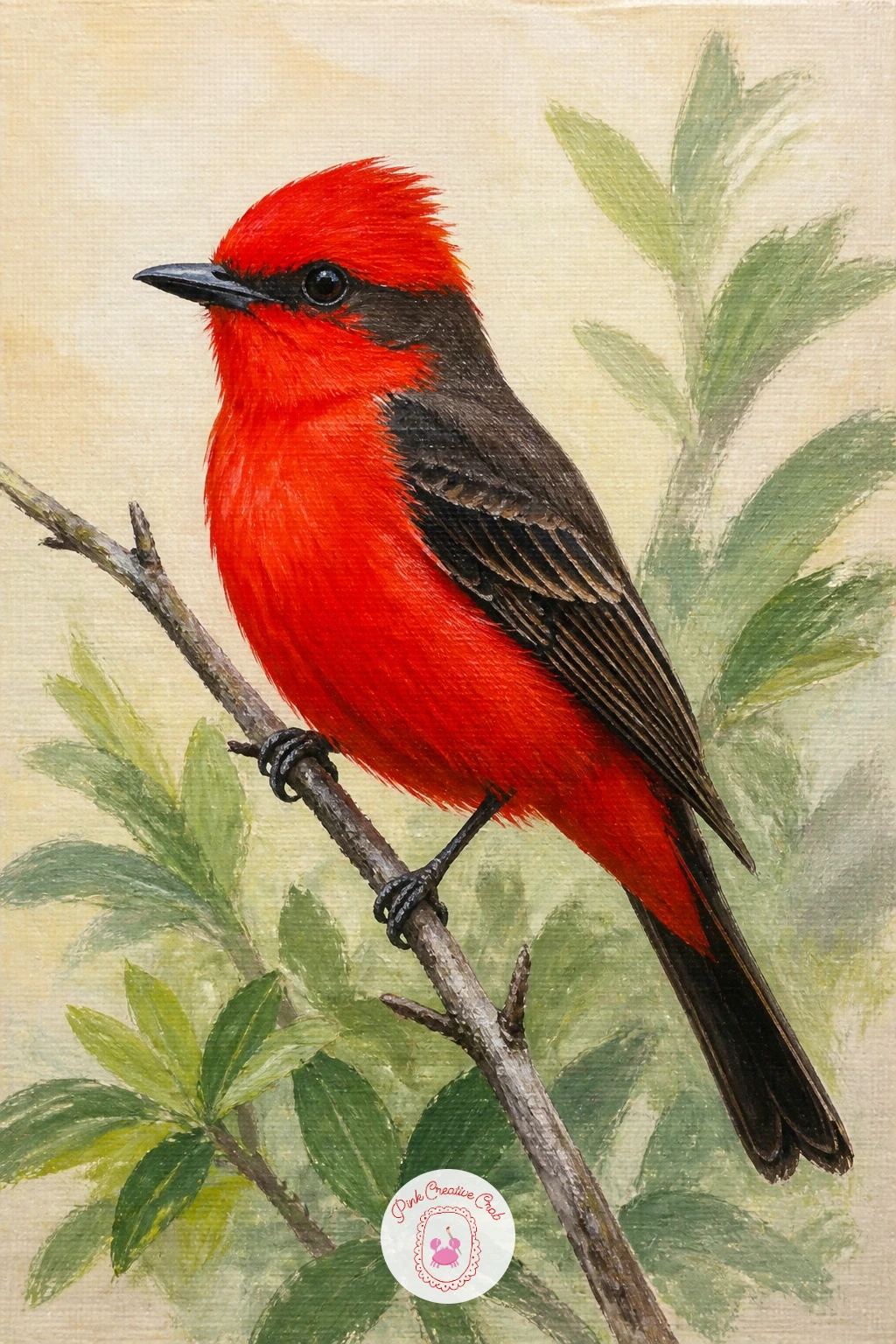 Vermilion Flycatcher — Few birds glow as brightly as a vermilion flycatcher against green garden foliage, so set up that contrast early: paint the background