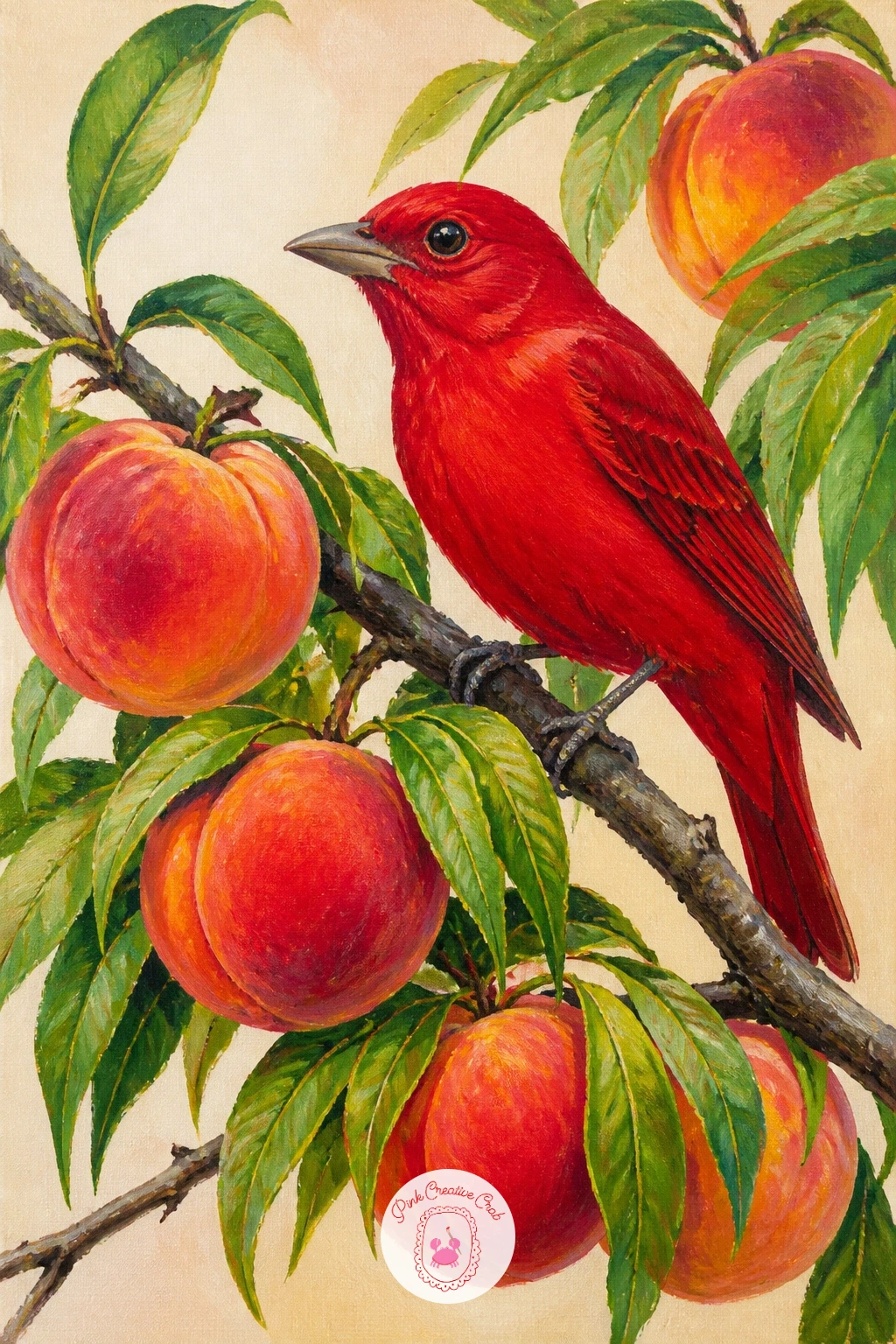 Summer Tanager in a Peach Tree — Close the set with a fully red bird settled into warm fruit tones, so start with the peach tree itself: a few soft green