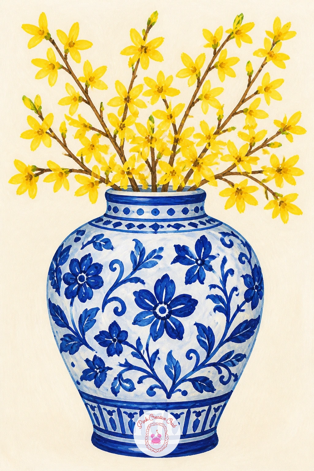 Blue And White Ginger Jar With Forsythia — Build the ginger jar before anything else, since its curved silhouette carries the whole painting. Flower vase
