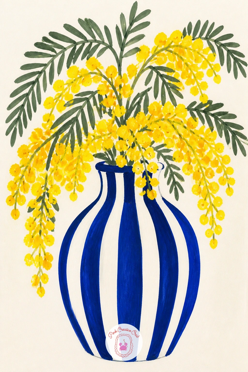 Striped Vase With Mimosa — Lay the stripes down with care, since an uneven stripe vase looks sloppy rather than charming. Flower vase painting