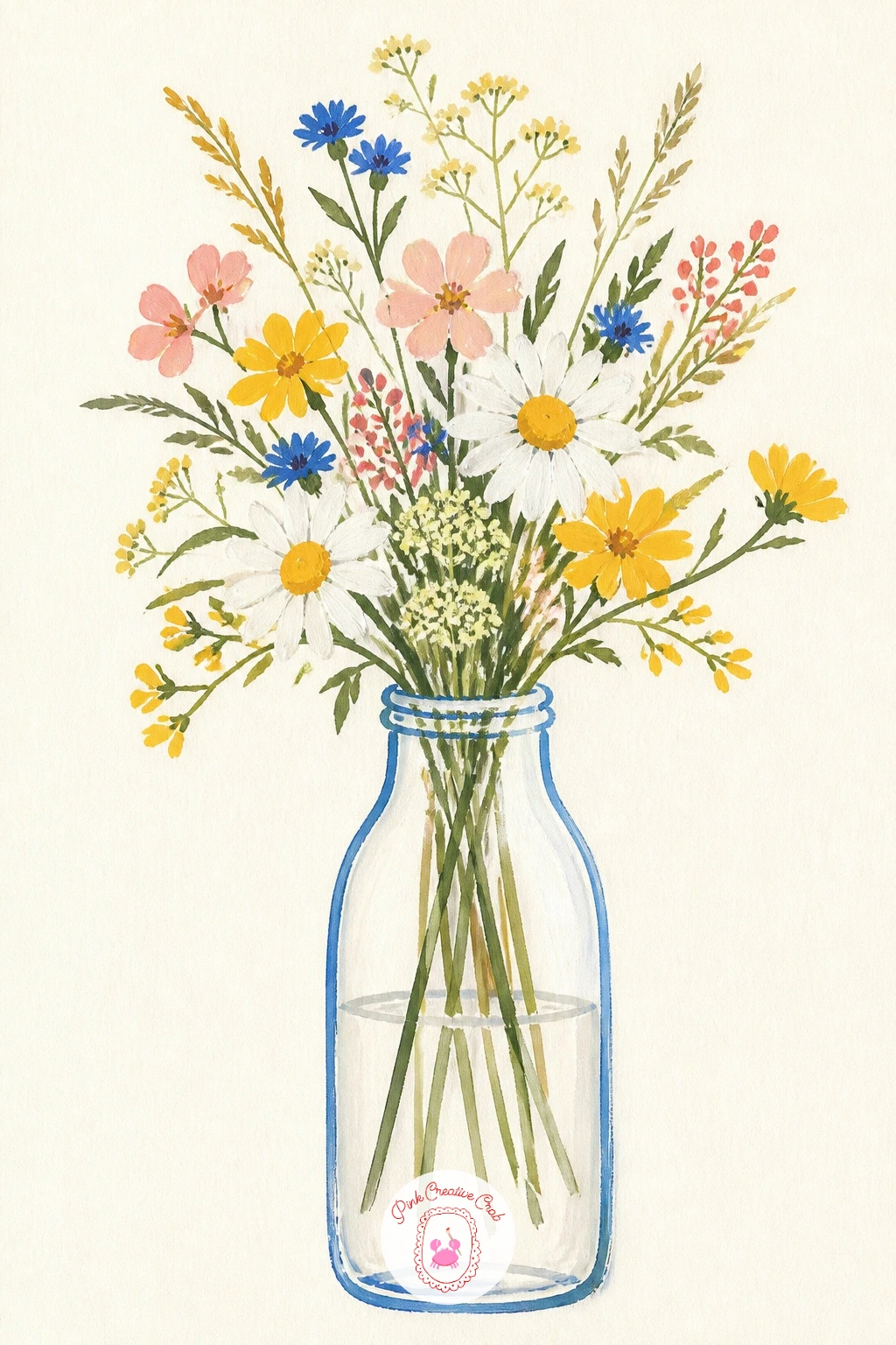 Glass Milk Bottle With Wildflowers — Paint the bottle almost invisible, since glass is mostly about what you leave out. Flower vase painting