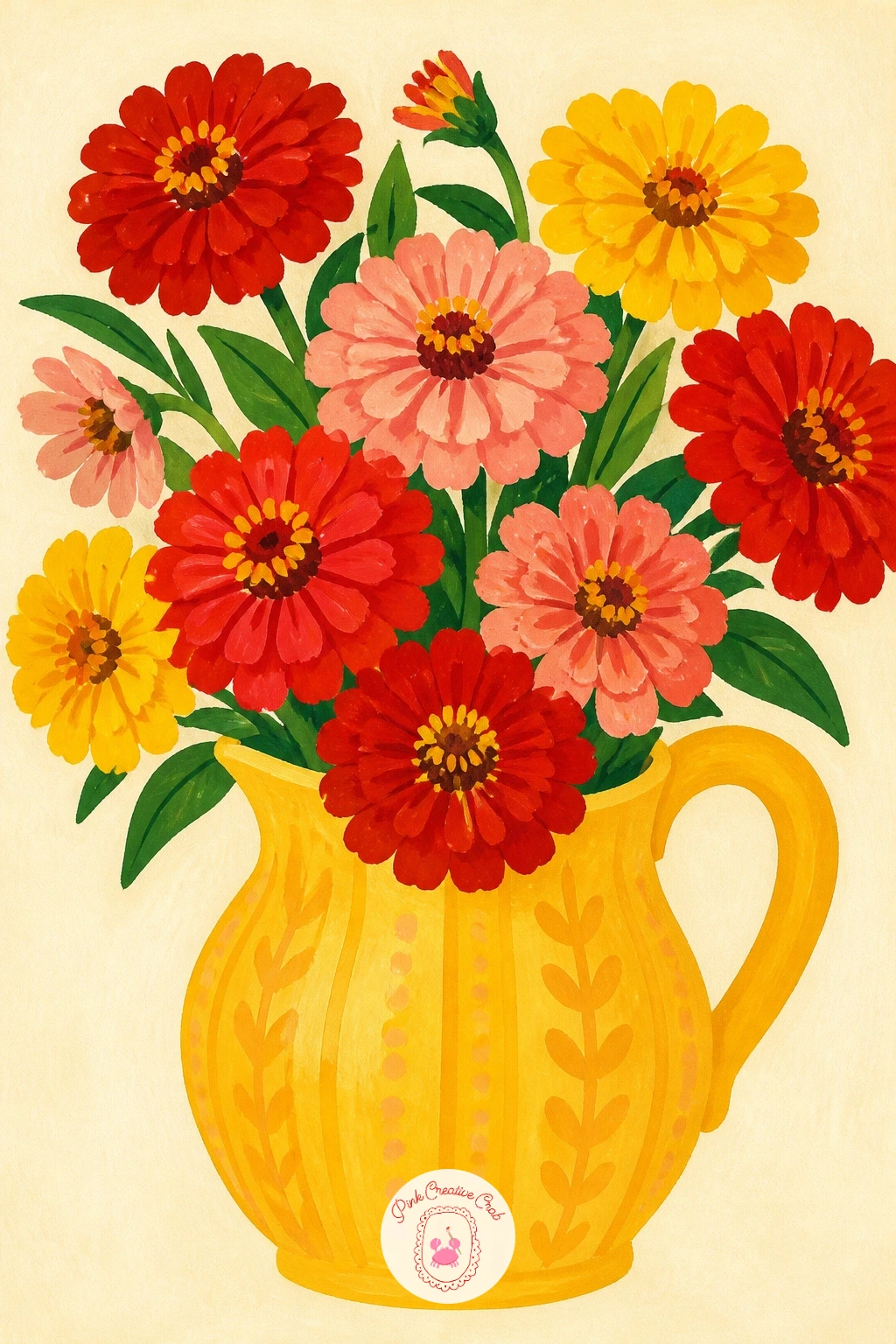 Pitcher Of Zinnias — Choose a simple pitcher silhouette, round belly, short spout, sturdy handle, and paint it in one confident flat color so it reads