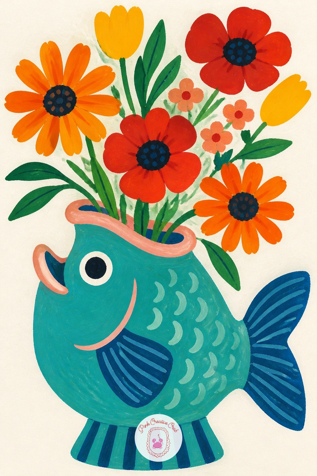 Fish-Shaped Vase With Orange Flowers — Paint the fish vase as one playful curved silhouette, a rounded body tapering to a fan tail, mouth open slightly to hold