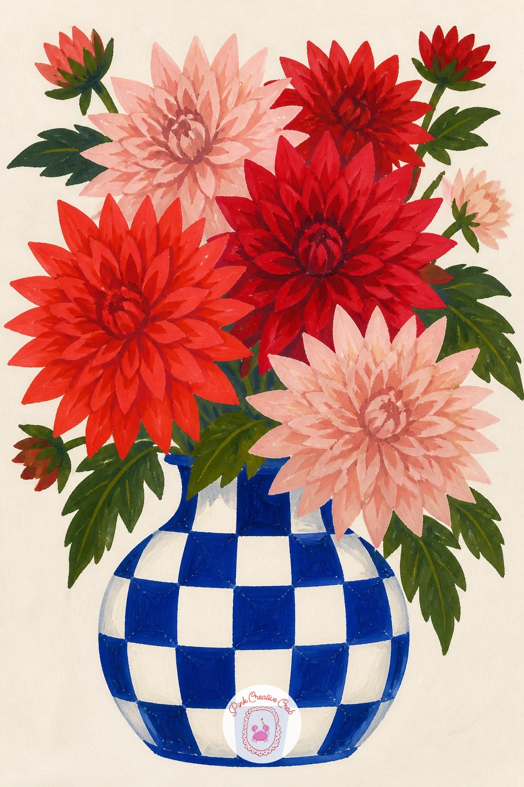 Checkered Vase With Dahlias — Map the checkerboard with a light pencil grid before any paint touches the vase, since even small squares look obviously wrong if
